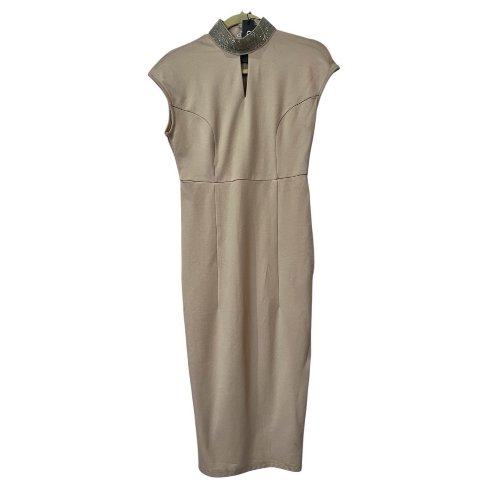 Gracia Embellished Keyhole Midi Dress Size Small, NWT Tan Color